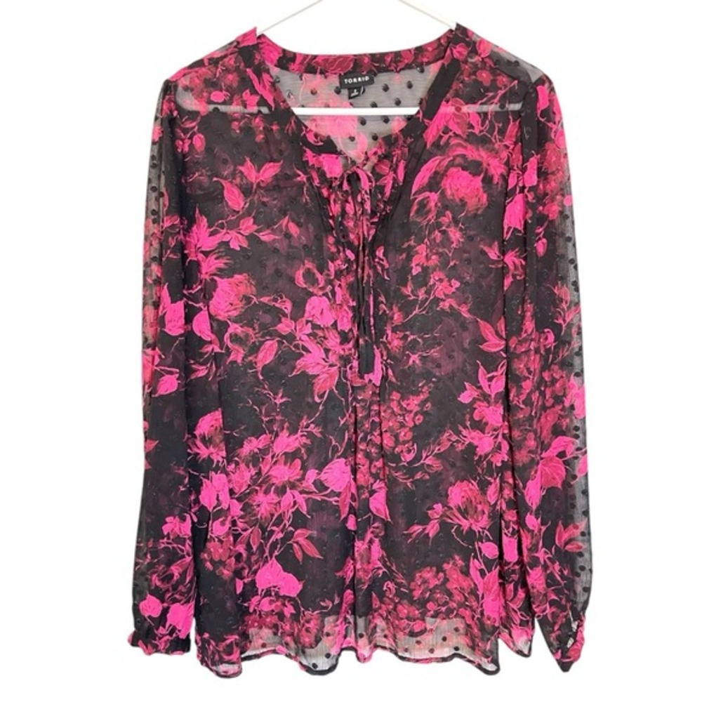 Torrid 2 Pink Black Floral Blouse Sheer Swiss Dot Tie Neck Whimsigoth‎ Boho Top